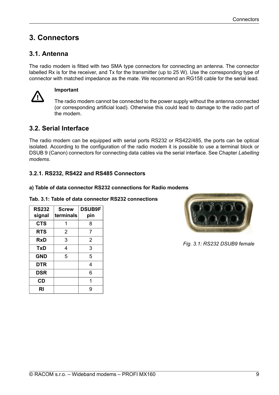 Connectors, Antenna, Serial interface | Rs232, rs422 and rs485 connectors, 9 3.2. serial interface, Rs232 dsub9 female, Table of data connector rs232 connections | Oracom PROFI MX160 User Manual | Page 9 / 28