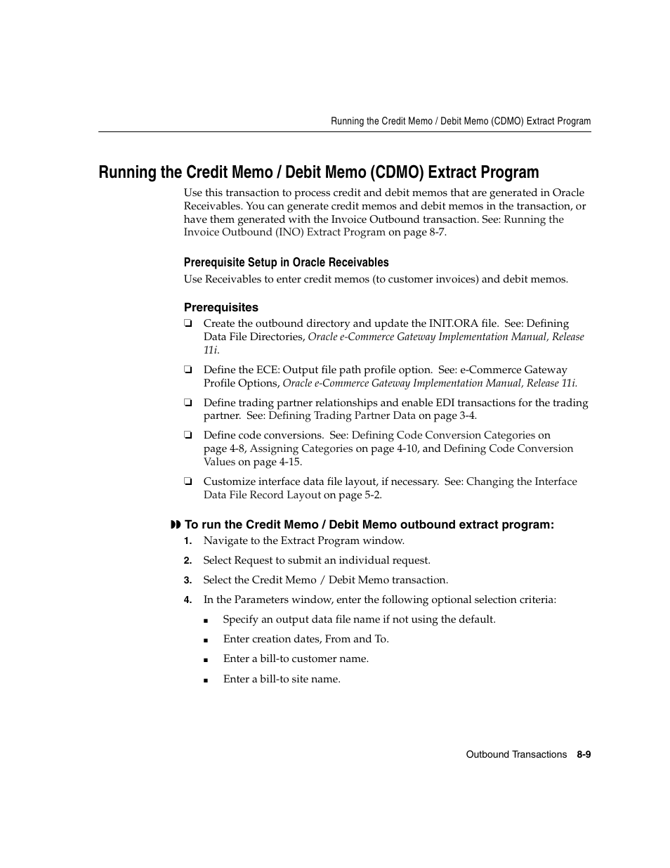 Runni, Running the credit memo / debit memo (cdmo), Extract program | Oracle A75089-02 User Manual | Page 109 / 144