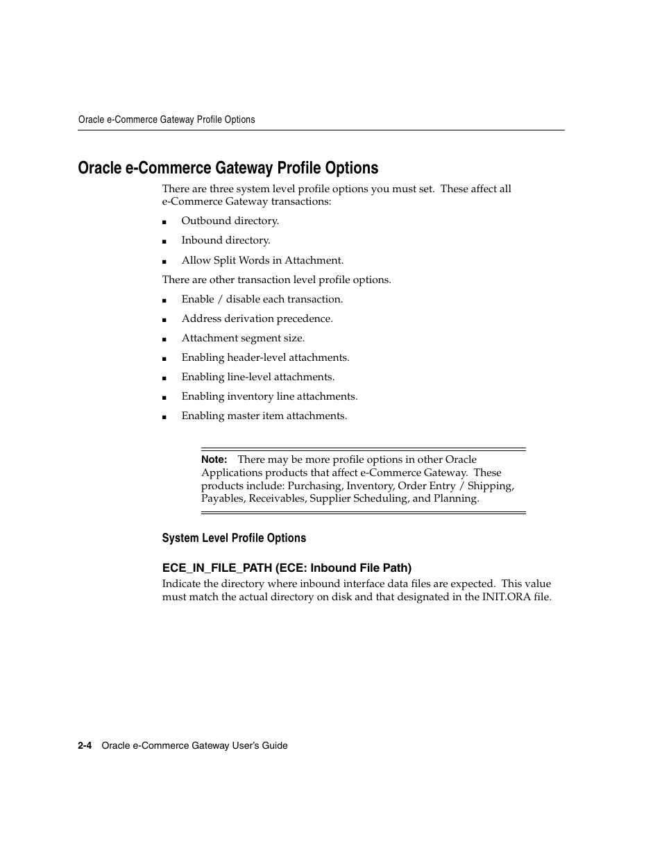 Oracle e-commerce gateway profile options, Oracle, E-commerce gateway profile options | Oracle A75089-02 User Manual | Page 28 / 144