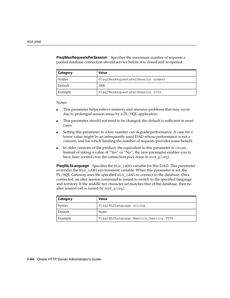Plsqlmaxrequestspersession, Plsqlnlslanguage | Oracle B12255-01 User Manual | Page 114 / 224