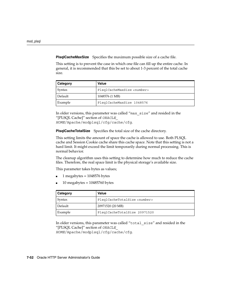 Plsqlcachemaxsize, Plsqlcachetotalsize | Oracle B12255-01 User Manual | Page 122 / 224