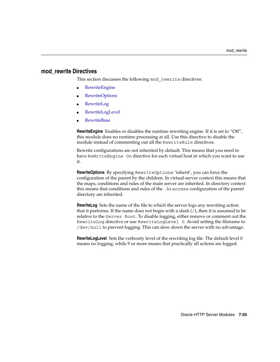 Mod_rewrite directives, Rewriteengine, Rewriteoptions | Rewritelog, Rewriteloglevel, Mod_rewrite directives -55 | Oracle B12255-01 User Manual | Page 125 / 224