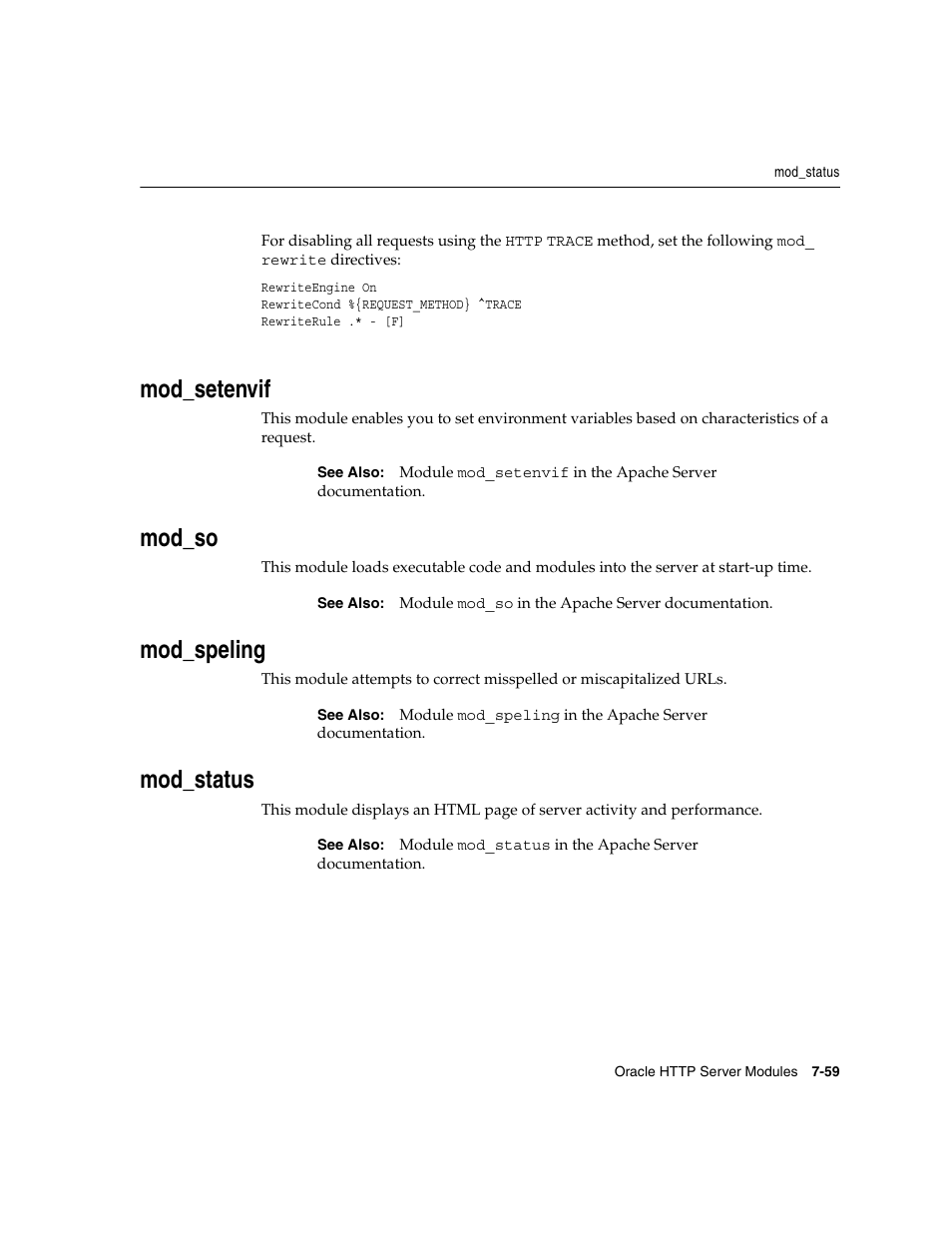 Mod_setenvif, Mod_so, Mod_speling | Mod_status | Oracle B12255-01 User Manual | Page 129 / 224