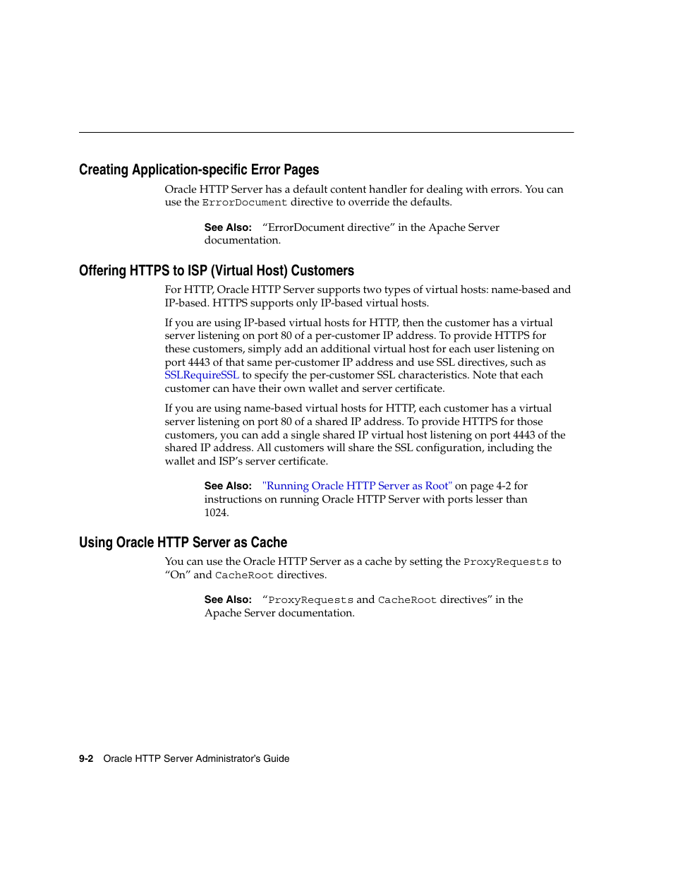 Offering https to isp (virtual host) customers, Using oracle http server as cache, Creating application-specific error pages | Oracle B12255-01 User Manual | Page 166 / 224