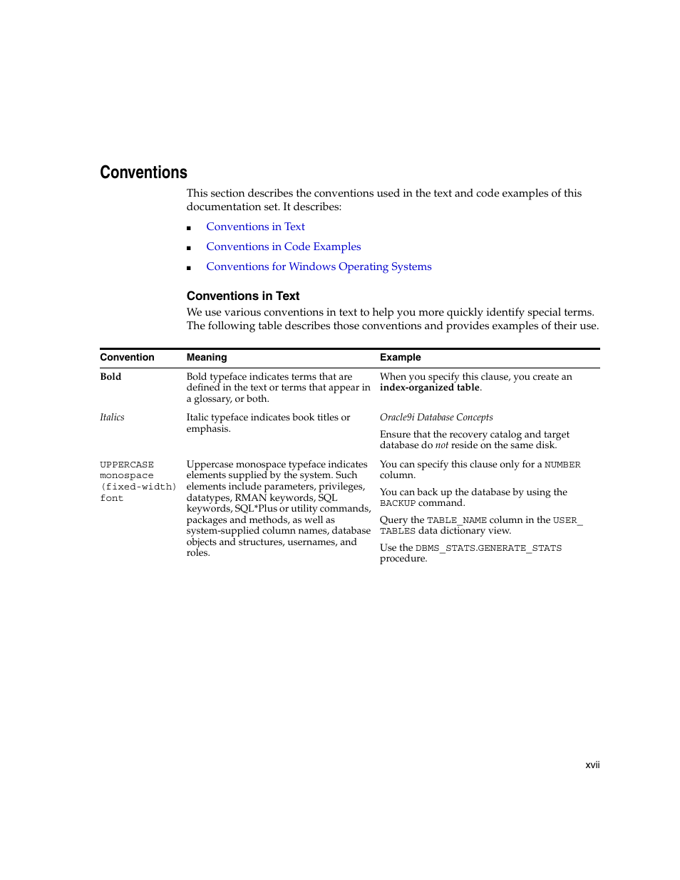 Conventions, Xvii | Oracle B12255-01 User Manual | Page 17 / 224