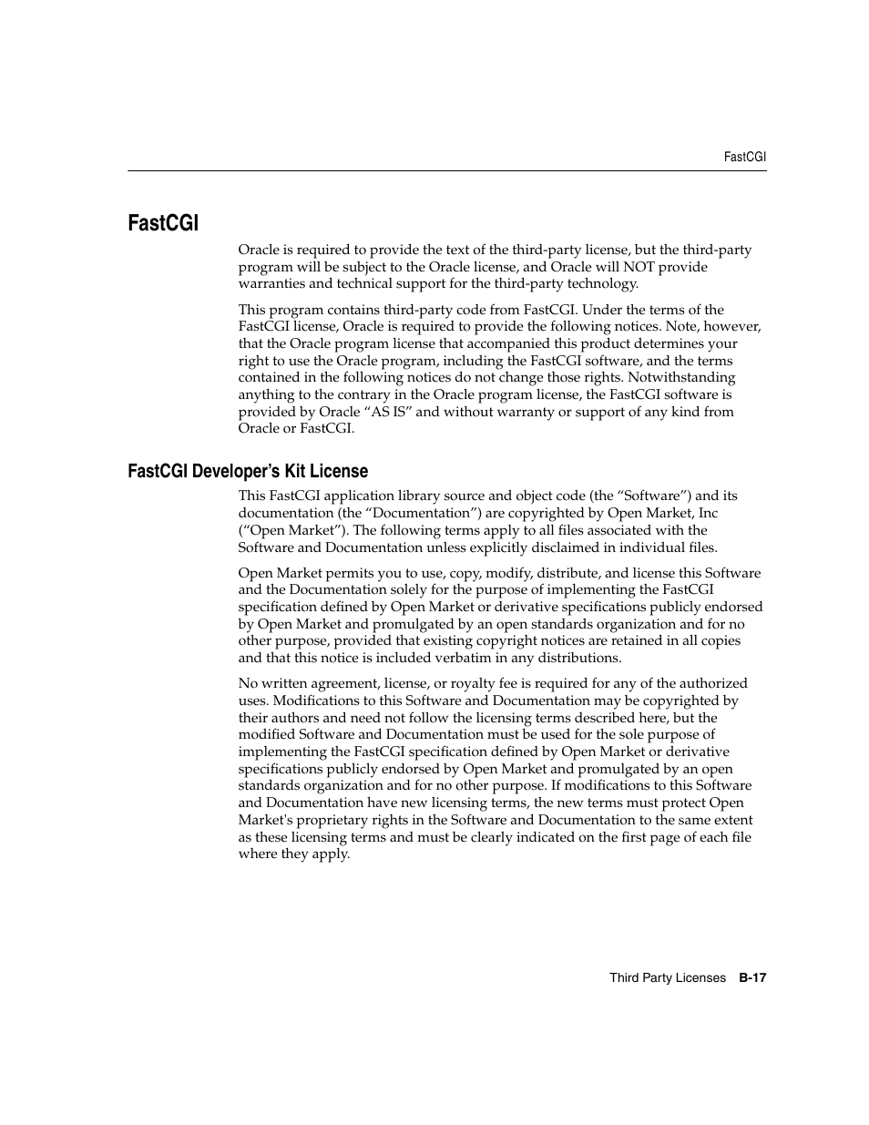 Fastcgi, Fastcgi developer’s kit license | Oracle B12255-01 User Manual | Page 195 / 224