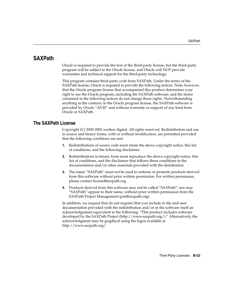 Saxpath, The saxpath license | Oracle B12255-01 User Manual | Page 201 / 224