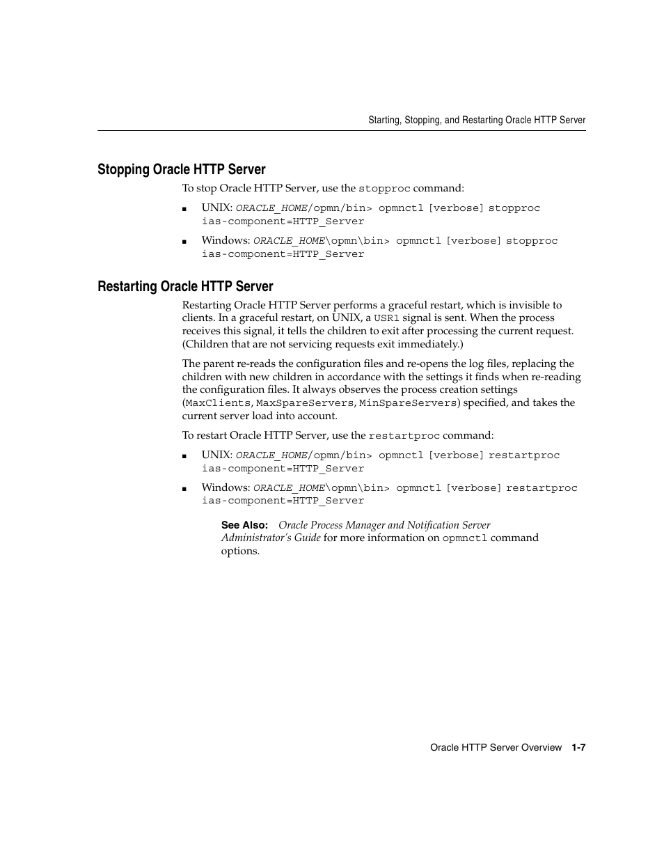 Stopping oracle http server, Restarting oracle http server | Oracle B12255-01 User Manual | Page 29 / 224