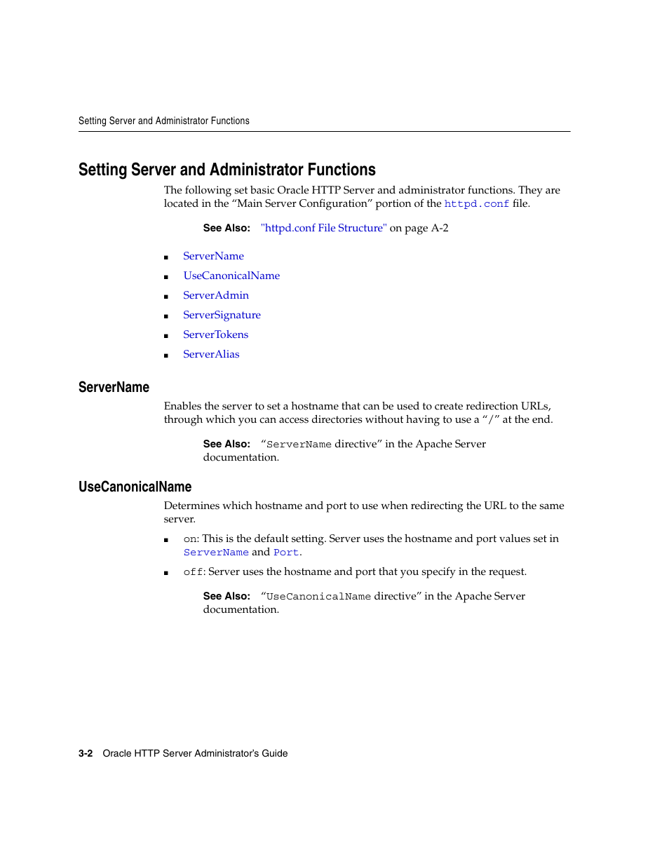 Setting server and administrator functions, Servername, Usecanonicalname | Servername -2 usecanonicalname -2 | Oracle B12255-01 User Manual | Page 40 / 224