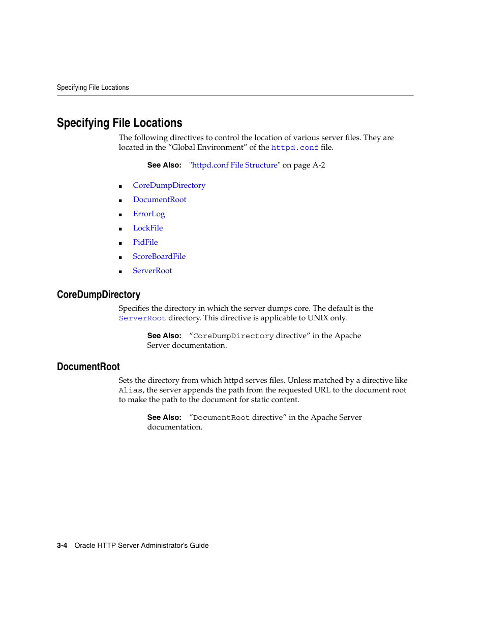 Specifying file locations, Coredumpdirectory, Documentroot | Coredumpdirectory -4 documentroot -4 | Oracle B12255-01 User Manual | Page 42 / 224