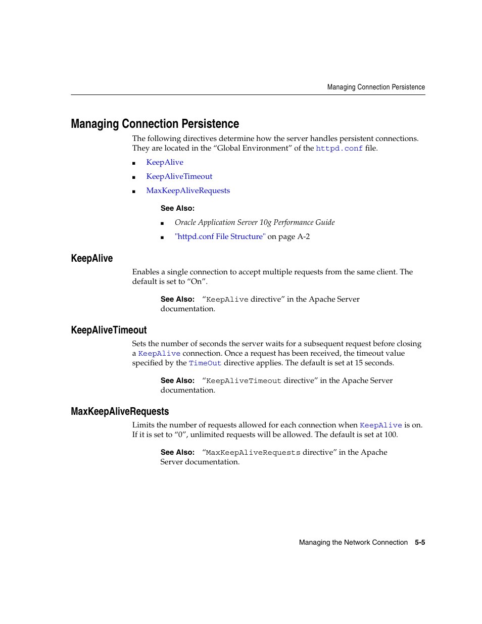 Managing connection persistence, Keepalive, Keepalivetimeout | Maxkeepaliverequests | Oracle B12255-01 User Manual | Page 57 / 224