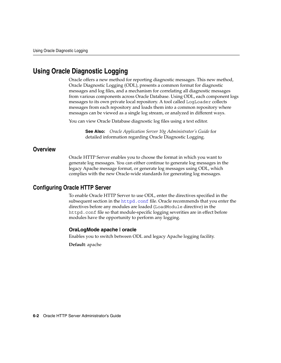 Using oracle diagnostic logging, Overview, Configuring oracle http server | Overview -2 configuring oracle http server -2 | Oracle B12255-01 User Manual | Page 62 / 224