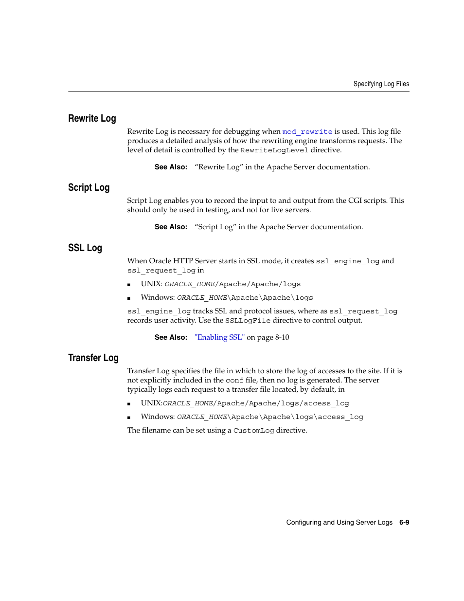 Rewrite log, Script log, Ssl log | Transfer log | Oracle B12255-01 User Manual | Page 69 / 224