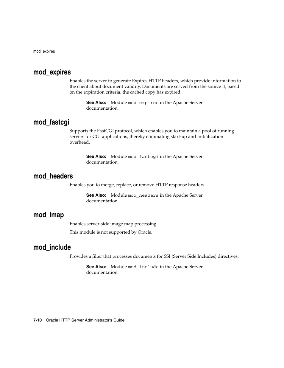 Mod_expires, Mod_fastcgi, Mod_headers | Mod_imap, Mod_include | Oracle B12255-01 User Manual | Page 80 / 224