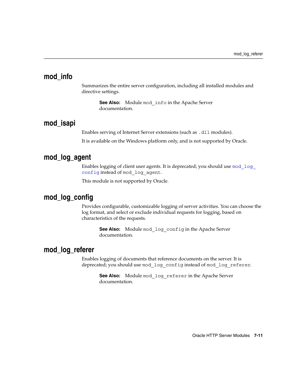 Mod_info, Mod_isapi, Mod_log_agent | Mod_log_config, Mod_log_referer | Oracle B12255-01 User Manual | Page 81 / 224