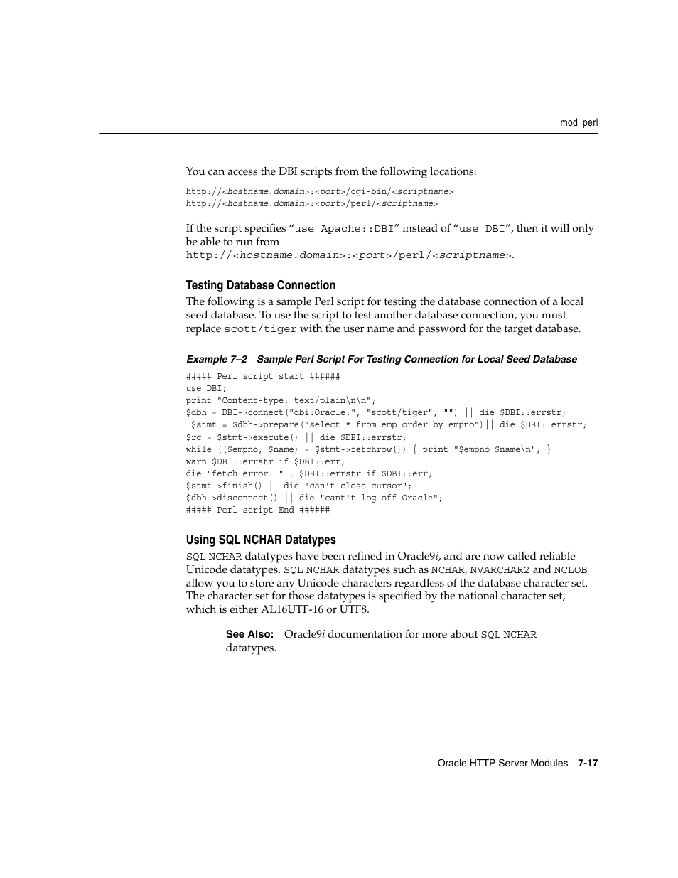 Testing database connection, Using sql nchar datatypes | Oracle B12255-01 User Manual | Page 87 / 224