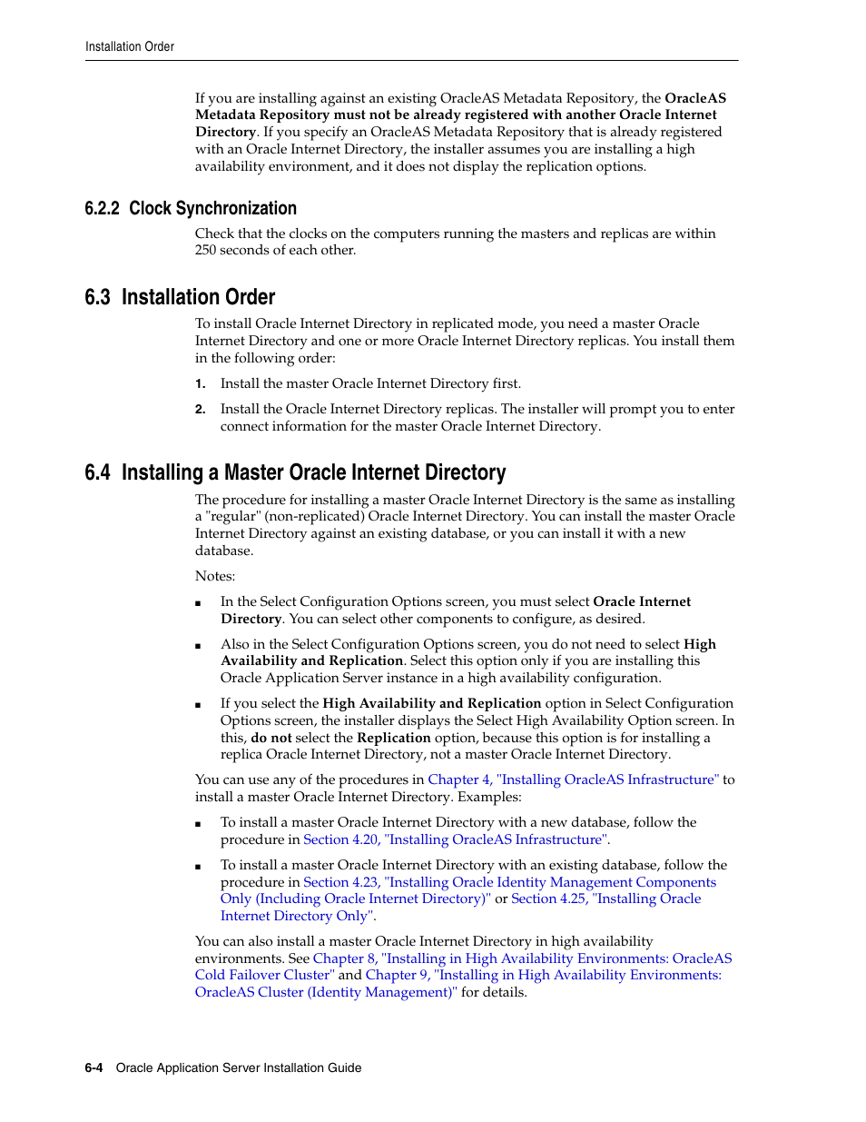 2 clock synchronization, 3 installation order, 4 installing a master oracle internet directory | Section 6.3, "installation order | Oracle B32100-01 User Manual | Page 112 / 258