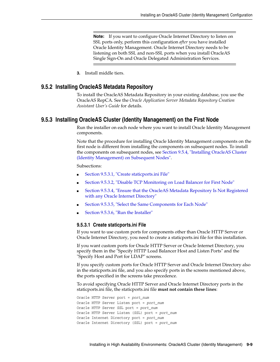 2 installing oracleas metadata repository, 1 create staticports.ini file | Oracle B32100-01 User Manual | Page 167 / 258