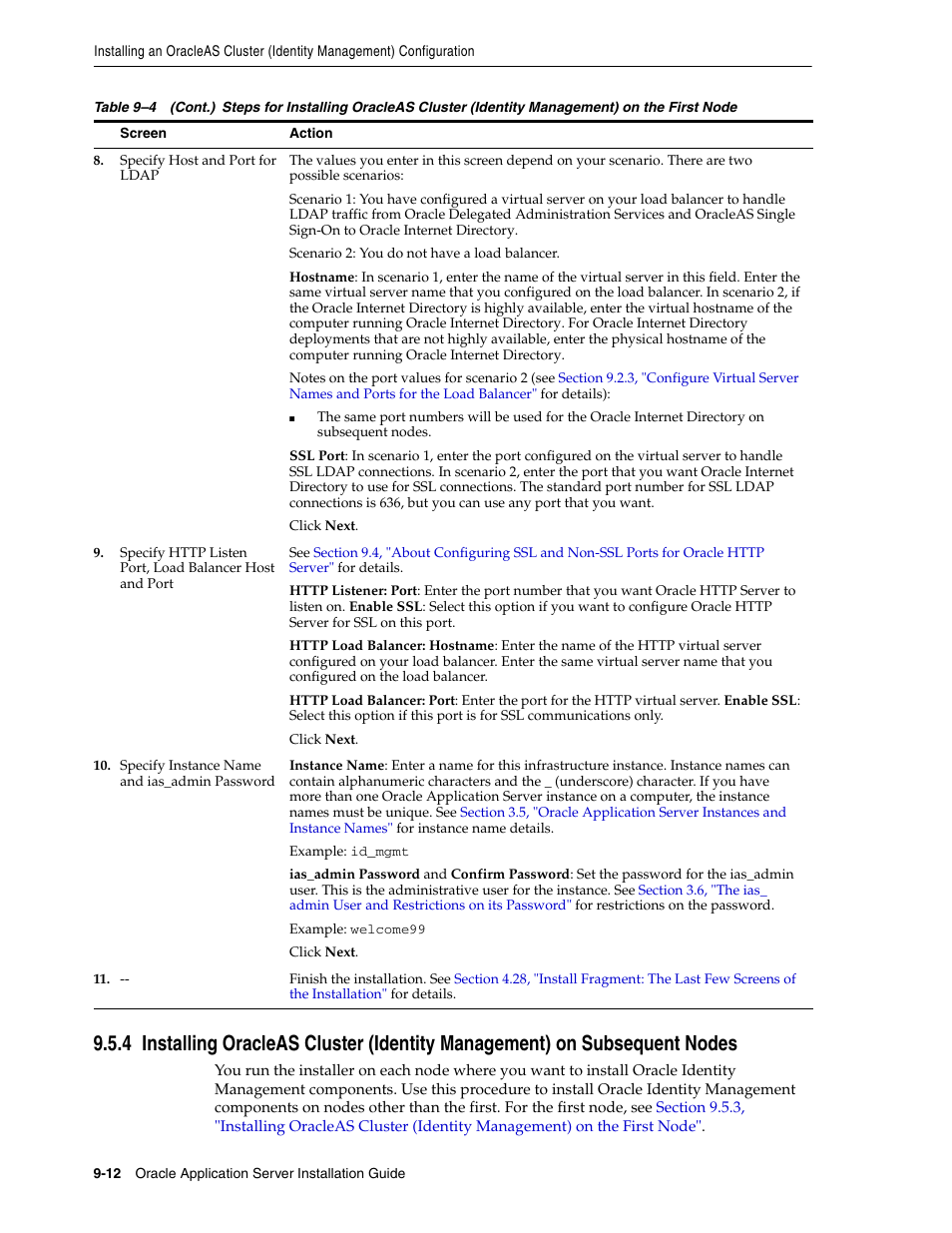 Section 9.5.4, "installing oracleas cluster, Identity management) on subsequent nodes | Oracle B32100-01 User Manual | Page 170 / 258