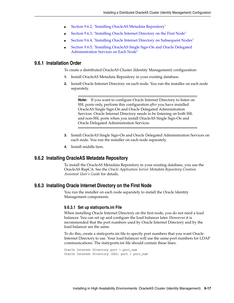 1 installation order, 2 installing oracleas metadata repository, 1 set up staticports.ini file | Oracle B32100-01 User Manual | Page 175 / 258