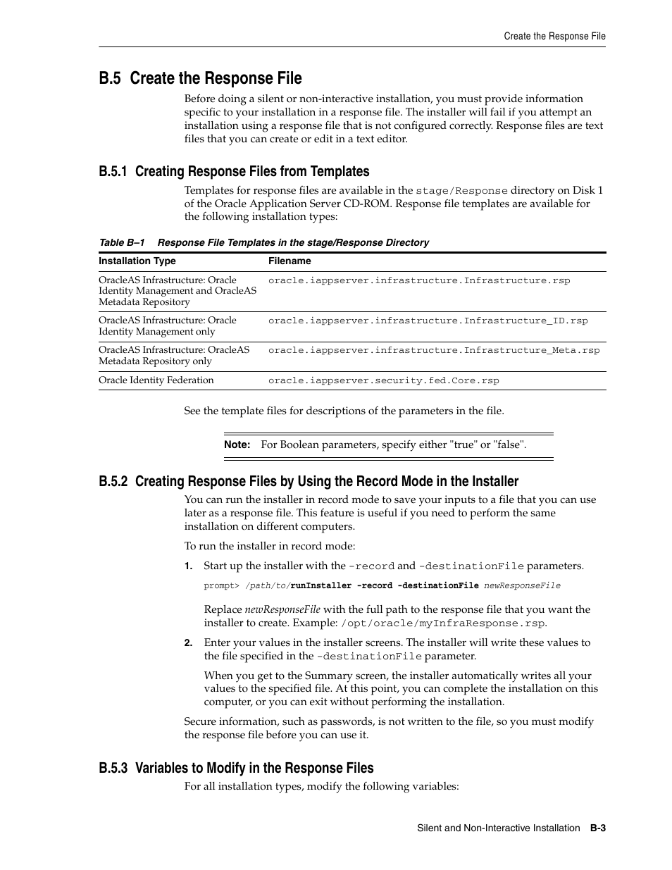 B.5 create the response file, B.5.1 creating response files from templates, B.5.3 variables to modify in the response files | Create the, B.5.1, Creating respons, B.5.2, B.5.3, Section b.5, "create the response file | Oracle B32100-01 User Manual | Page 209 / 258