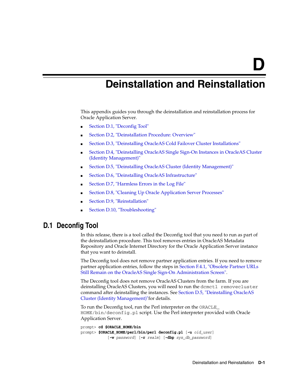 D deinstallation and reinstallation, D.1 deconfig tool, Deinstallation and reinstallation | Oracle B32100-01 User Manual | Page 223 / 258