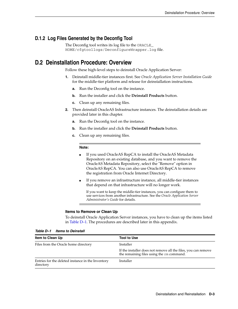 D.1.2 log files generated by the deconfig tool, D.2 deinstallation procedure: overview, D.1.2 | Section d.2, "deinstallation procedure: overview | Oracle B32100-01 User Manual | Page 225 / 258