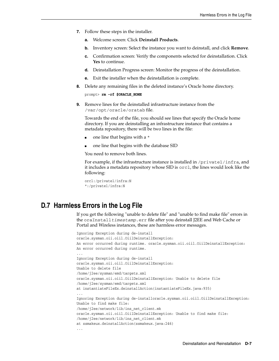 D.7 harmless errors in the log file, Section d.7, "harmless errors in the log file | Oracle B32100-01 User Manual | Page 229 / 258