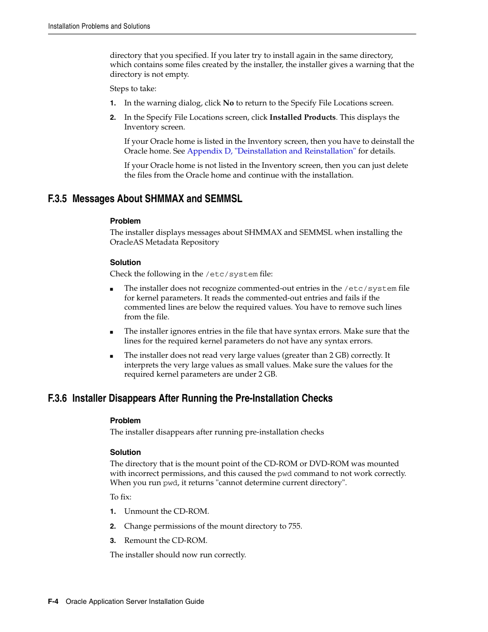 F.3.5 messages about shmmax and semmsl, F.3.5, Messages | F.3.6, Installer, Section f.3.5, "messages about shmmax and semmsl | Oracle B32100-01 User Manual | Page 242 / 258