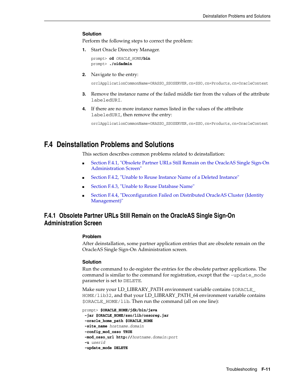 F.4 deinstallation problems and solutions, Deinstallation problems, F.4.1 | Obsolete partn, Section f.4.1, "obsolete partner urls | Oracle B32100-01 User Manual | Page 249 / 258