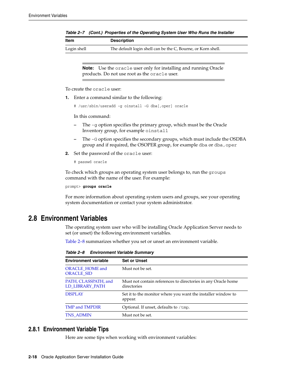 8 environment variables, 1 environment variable tips, Section 2.8, "environment variables | Oracle B32100-01 User Manual | Page 42 / 258