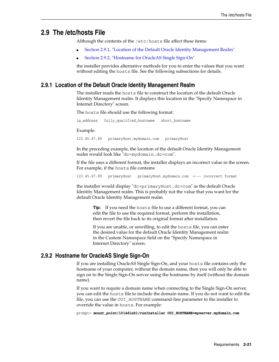 9 the /etc/hosts file, 2 hostname for oracleas single sign-on, Section 2.9, "the /etc/hosts file | Oracle B32100-01 User Manual | Page 45 / 258