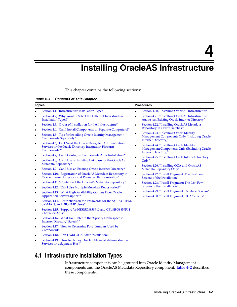 4 installing oracleas infrastructure, 1 infrastructure installation types, Installing oracleas infrastructure | Infras, Chapter 4, "installing oracleas infrastructure | Oracle B32100-01 User Manual | Page 63 / 258