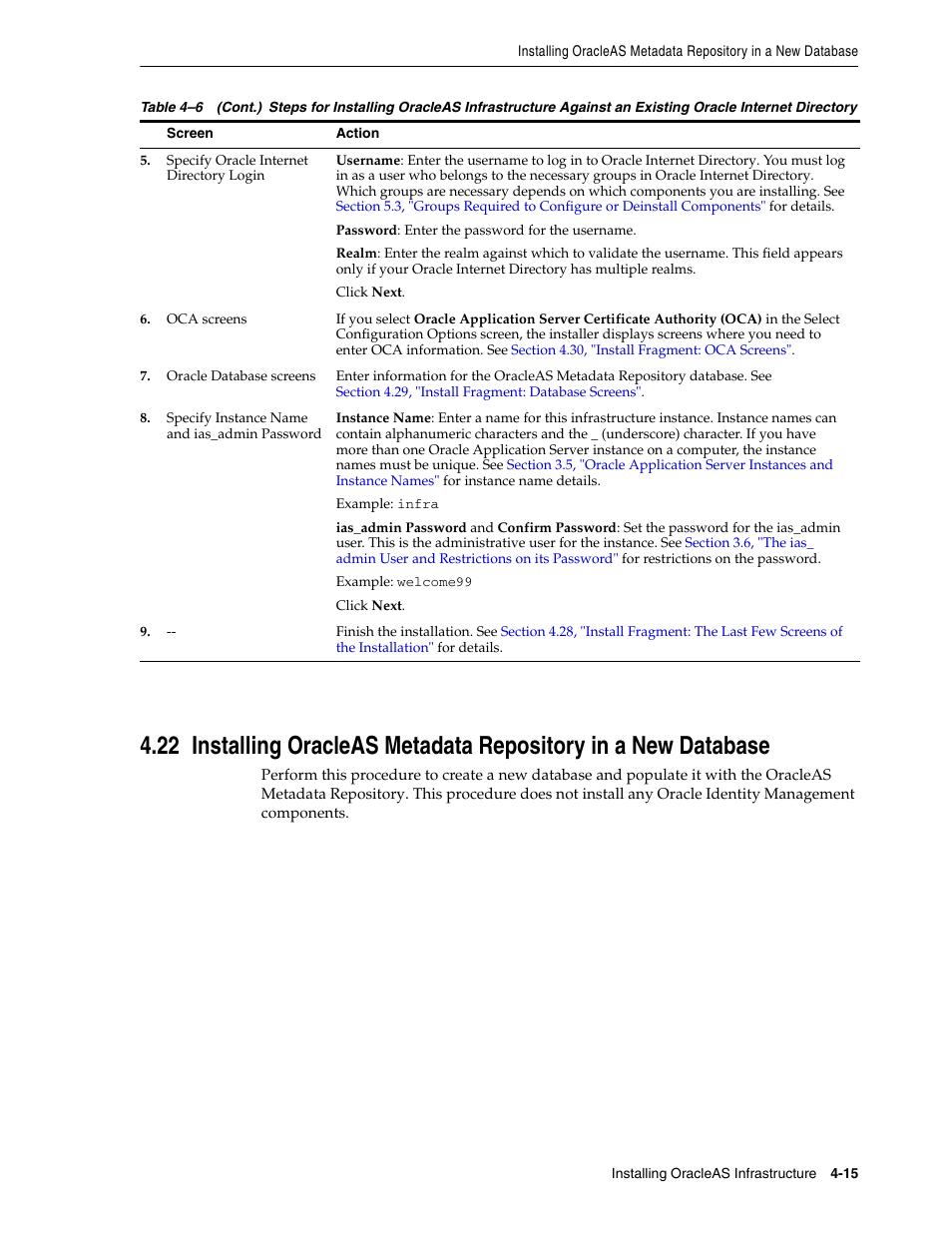 Section 4.22, "installing oracleas, Metadata repository in a new database | Oracle B32100-01 User Manual | Page 77 / 258