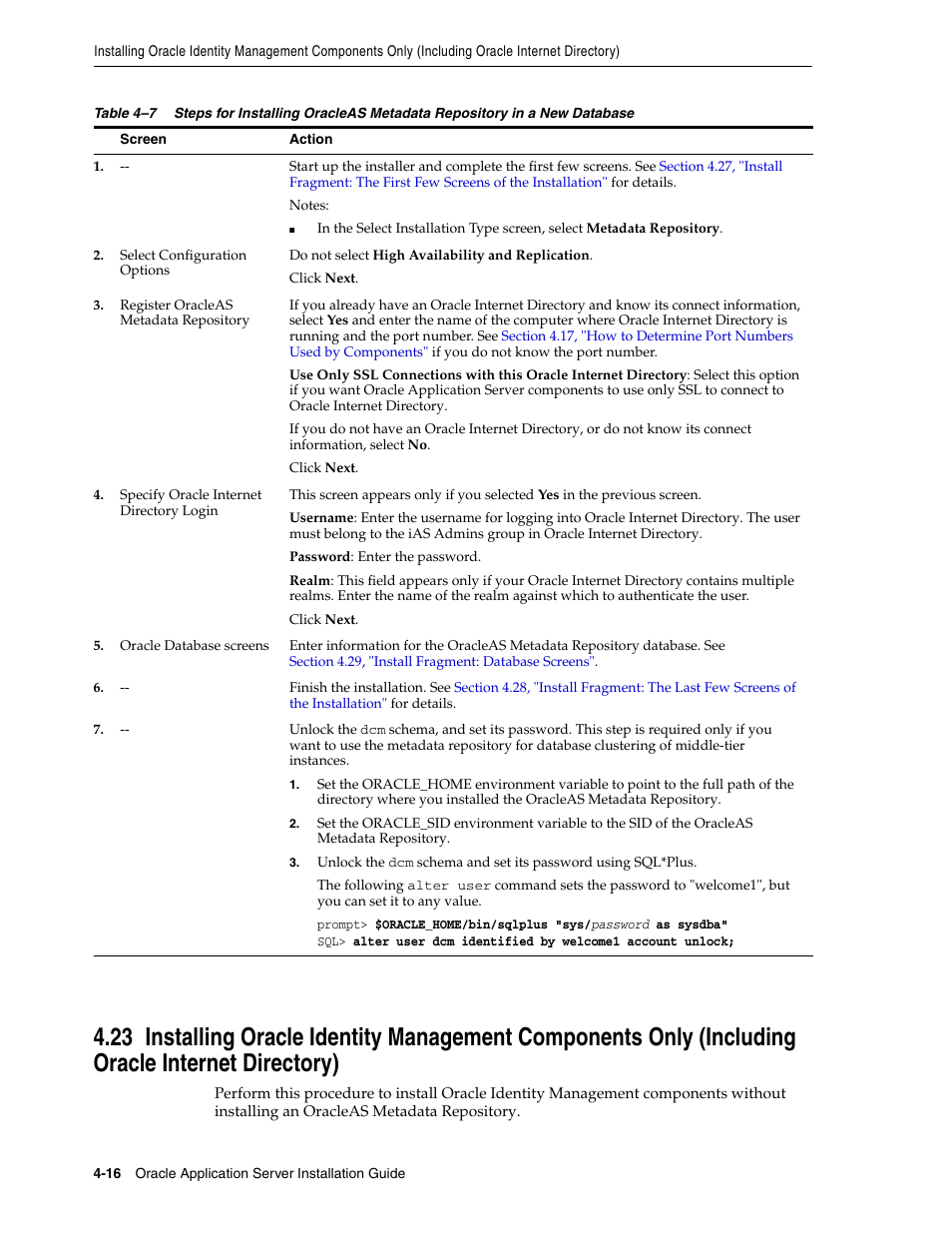 Section 4.23, Section 4.23, "installing, Including oracle internet directory) | For the s | Oracle B32100-01 User Manual | Page 78 / 258