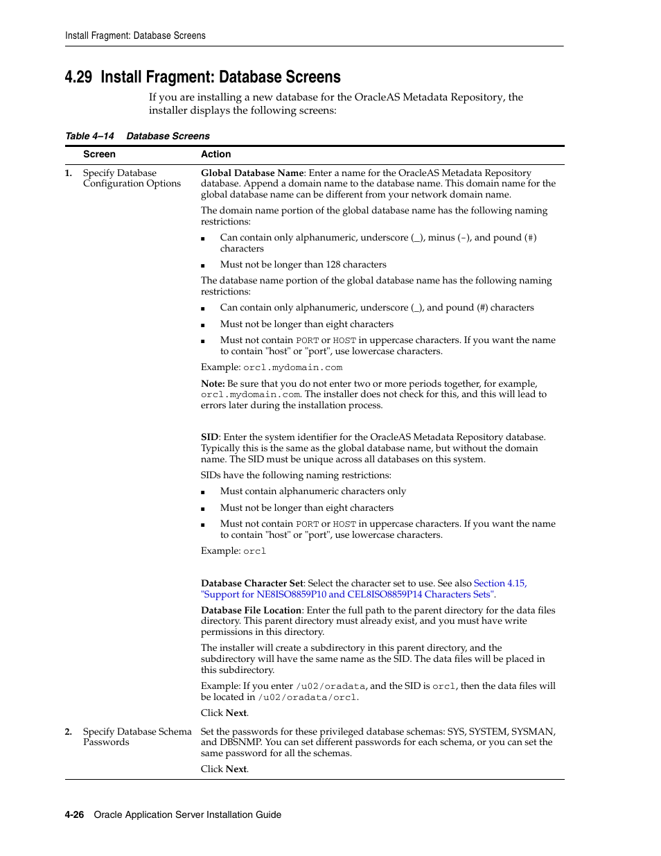 29 install fragment: database screens, Install fragment: d, Section 4.29, "install fragment: database screens | Oracle B32100-01 User Manual | Page 88 / 258