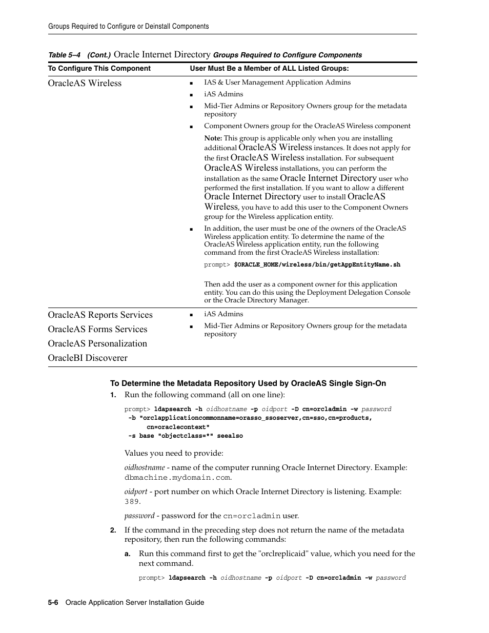 To determine the metadata, Repository used by oracleas single sign-on, Oracleas wireless | Oracle internet directory | Oracle B32100-01 User Manual | Page 96 / 258