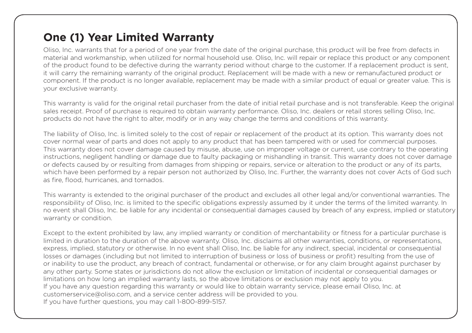 One (1) year limited warranty | Oliso TG-1000 User Manual | Page 14 / 16