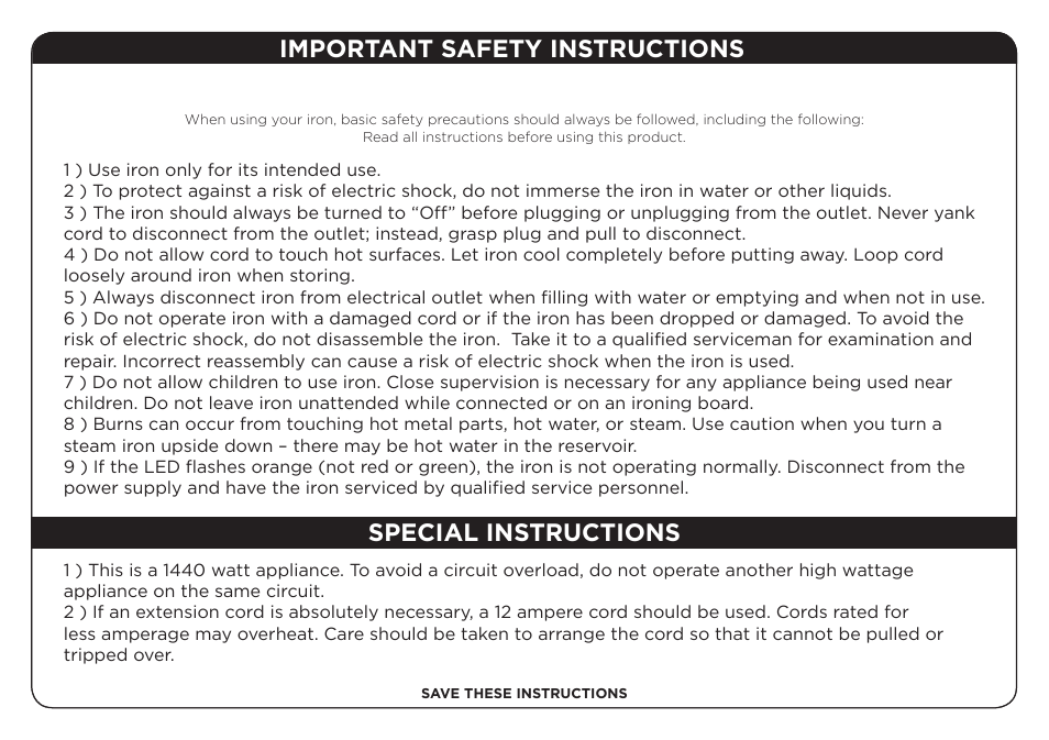 Important safety instructions, Special instructions | Oliso TG-1000 User Manual | Page 2 / 16