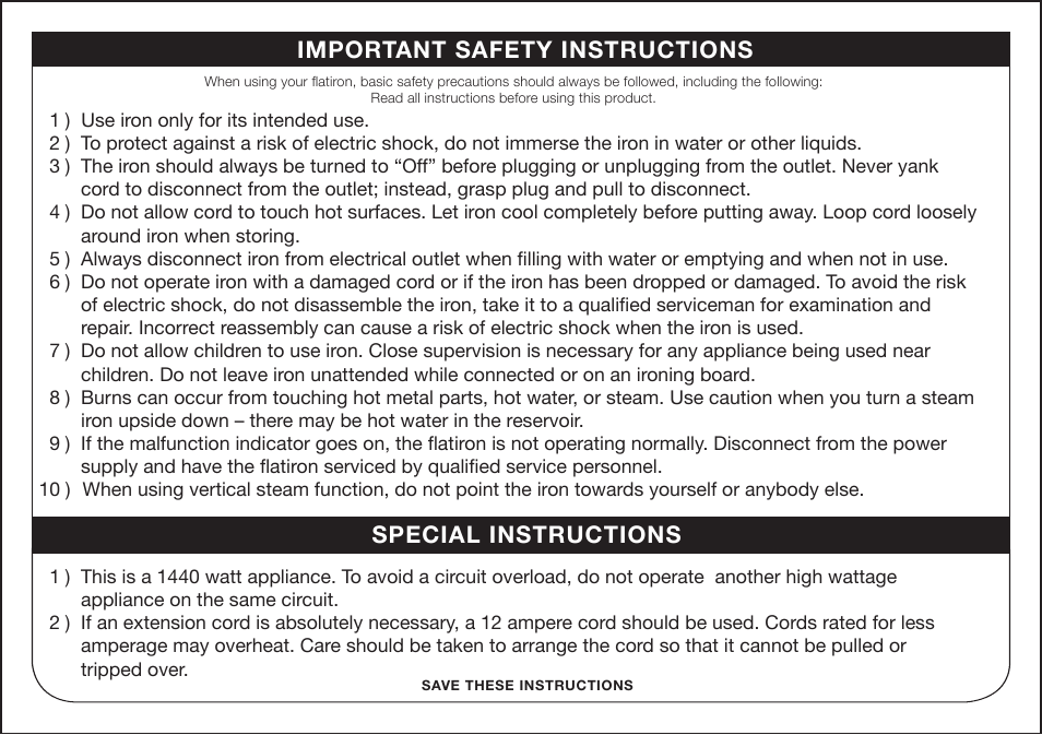 Important safety instructions, Special instructions | Oliso Touch & Glide User Manual | Page 2 / 16