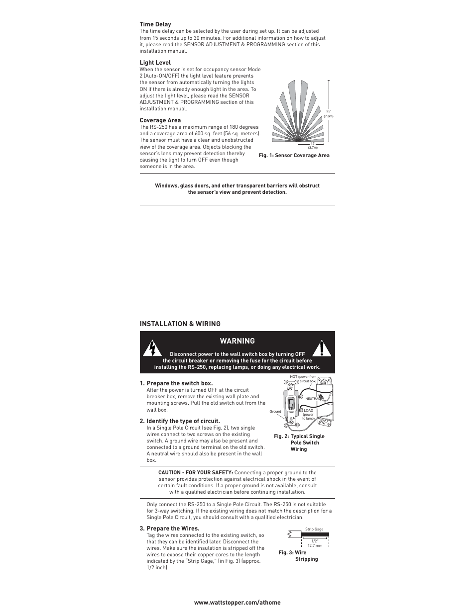 Warning, Installation & wiring | On-Q/Legrand RS-250 User Manual | Page 2 / 10