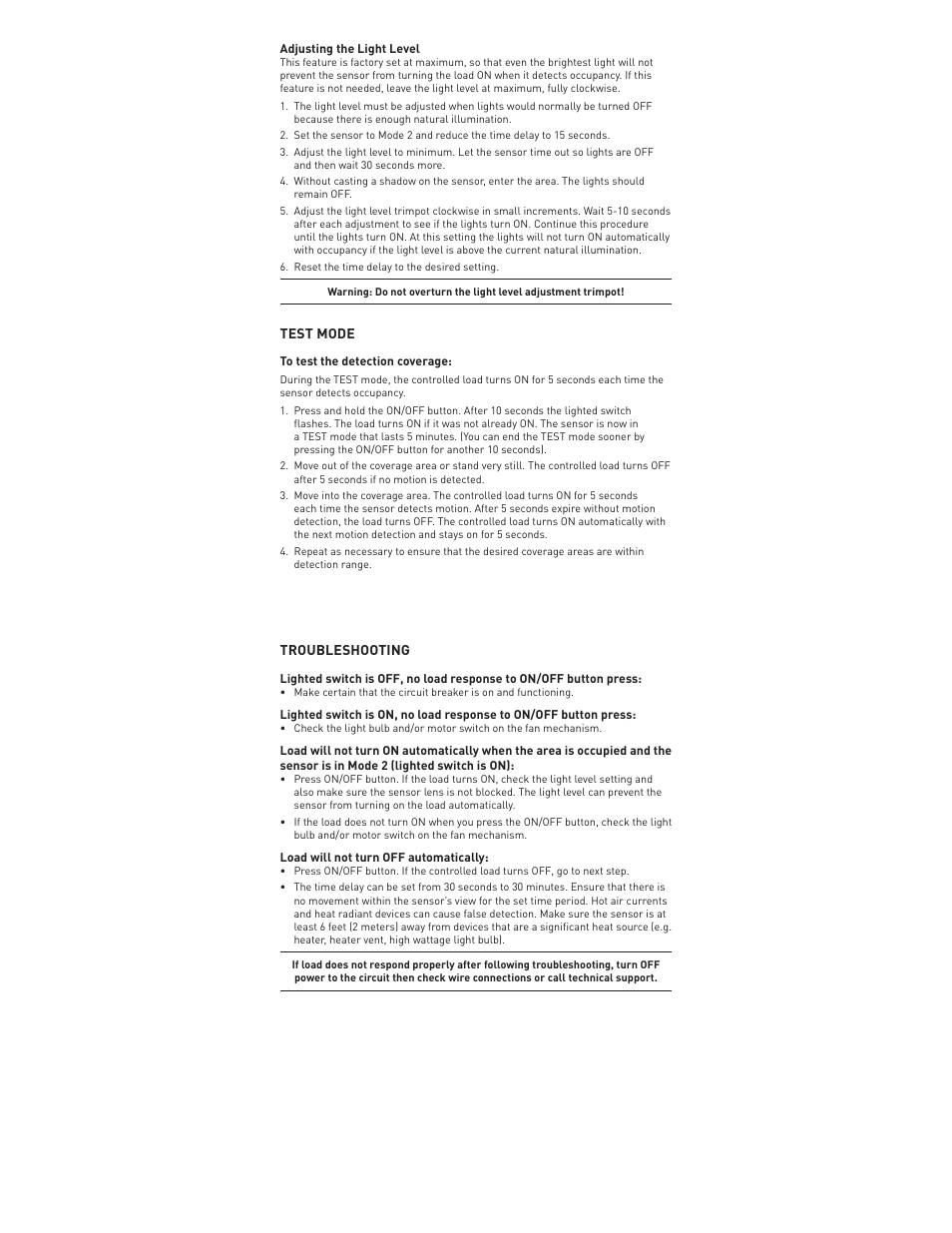 Test mode, Troubleshooting | On-Q/Legrand RS-250 User Manual | Page 4 / 10