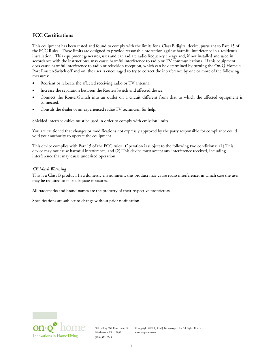 Fcc certifications | On-Q/Legrand 364732-01 User Manual | Page 2 / 37