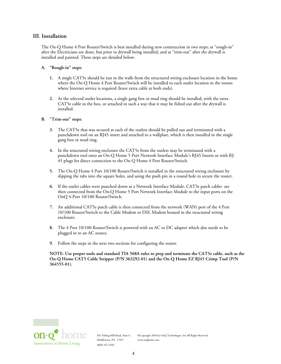 Iii. installation | On-Q/Legrand 364732-01 User Manual | Page 7 / 37