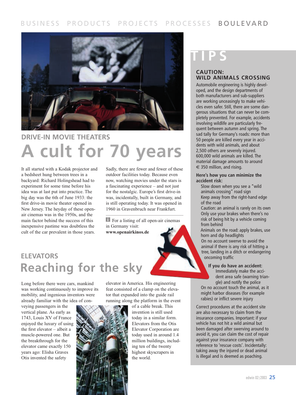 A cult for 70 years, T i p s, Reaching for the sky | Elevators, Drive-in movie theaters | OPEL Edwin VW T5 User Manual | Page 25 / 28