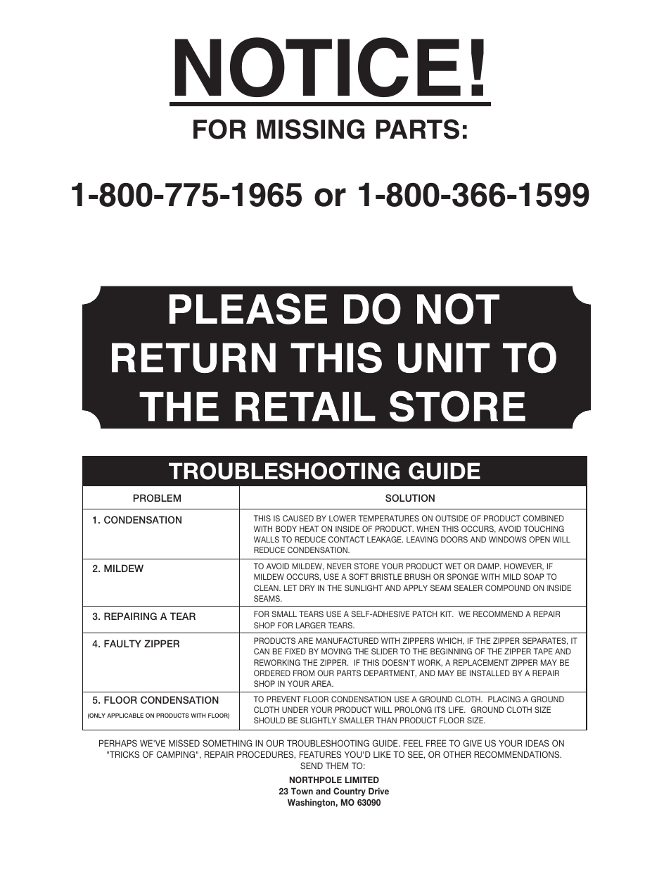 Notice, For missing parts, Troubleshooting guide | Ozark Trail WMT-1410 User Manual | Page 2 / 6