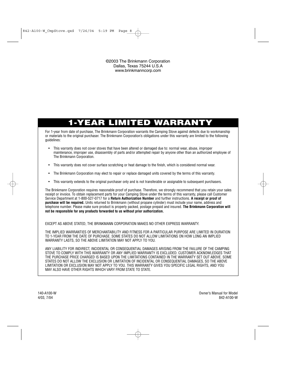 Year limited warranty | Ozark Trail 842-A100-W User Manual | Page 8 / 8