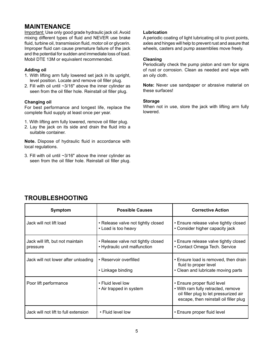 Maintenance, Troubleshooting | Omega Lift 40500 User Manual | Page 5 / 8