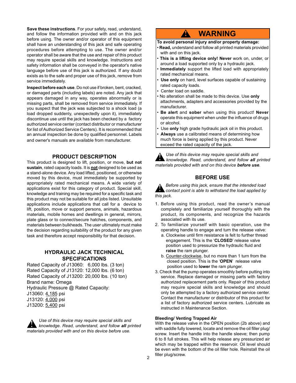 Warning | Omega Lift 13200 User Manual | Page 2 / 12