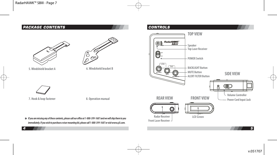 Radarhawk-sbiii-manual-051707-04.pdf, Side view top view rear view front view | Q3 Innovations RADARHAWK SBIII User Manual | Page 4 / 16